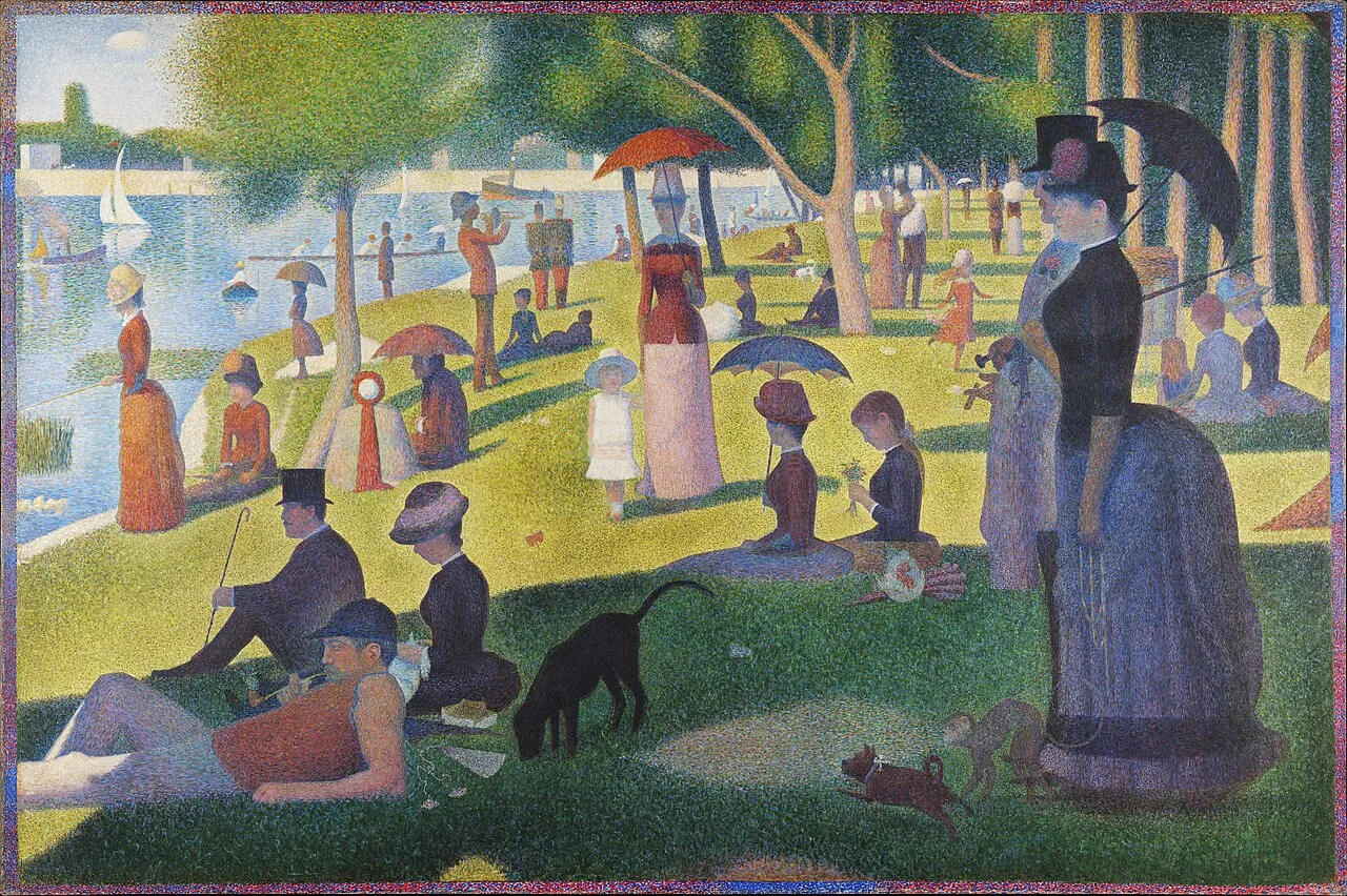 A 19th-century pointillist painting of people strolling with parasols along a riverbank, built from countless tiny dots of color — dots up close, a whole landscape from a distance.