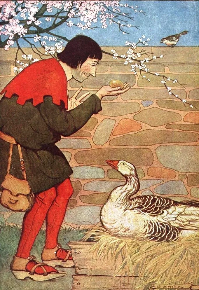 붉은 옷을 입은 농부가 방금 얻은 황금알을 두 손에 받쳐 들고 눈을 가늘게 뜬 채 둥지에 앉은 거위를 내려다본다. 뒤로 돌담과 벚꽃 가지가 보인다.